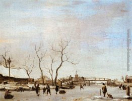 Canale ghiacciato con pattinatori e hockey Canale ghiacciato con pattinatori e hockey