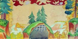 Schizzo di decorazioni per spettacolo di burattini "Il Gallo - G Schizzo di decorazioni per spettacolo di burattini "Il Gallo - G