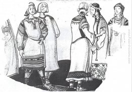 La scena con cinque figure in costume La scena con cinque figure in costume