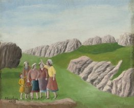 Cinq personnages dans un paysage de montagne Cinq personnages dans un paysage de montagne