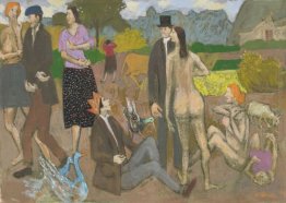 Scene de village aux oiseaux bleus Scene de village aux oiseaux bleus