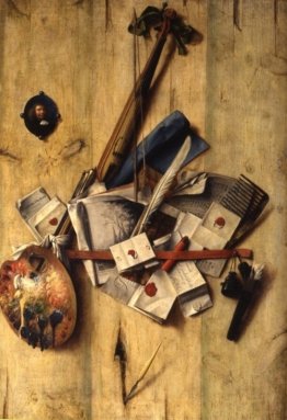 Trompe l'oeil con violino, strumenti del pittore e l'autoritratt Trompe l'oeil con violino, strumenti del pittore e l'autoritratt