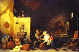 Un vecchio contadino accarezza una sguattera in una stalla Un vecchio contadino accarezza una sguattera in una stalla