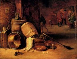 Una scena interni con pentole, botti, cesti, cipolle e cavoli co Una scena interni con pentole, botti, cesti, cipolle e cavoli co