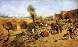 Arrivo di un Caravan Fuori Città del Marocco Arrivo di un Caravan Fuori Città del Marocco