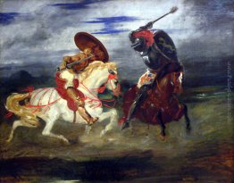 Due cavalieri che combattono in un paesaggio Due cavalieri che combattono in un paesaggio