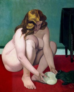 Accovacciato donna offerta di latte per un gatto Accovacciato donna offerta di latte per un gatto