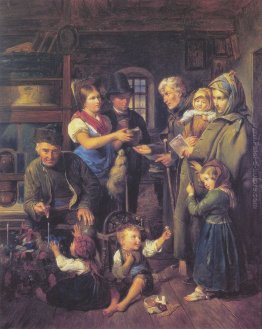 Una famiglia in viaggio di mendicanti è ricompensata da contadin Una famiglia in viaggio di mendicanti è ricompensata da contadin