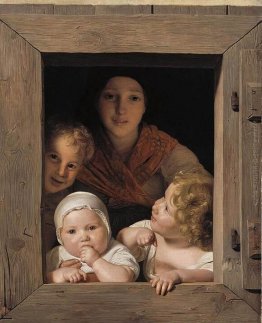 Contadina giovane donna con tre figli alla finestra Contadina giovane donna con tre figli alla finestra