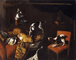 Natura morta con lepri e uccelli morti, poltrona, cani, caccia p Natura morta con lepri e uccelli morti, poltrona, cani, caccia p