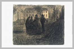 Gruppo di figure di fronte a una casa e alcuni alberi Gruppo di figure di fronte a una casa e alcuni alberi