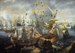 L'esplosione della nave ammiraglia spagnola durante la Battaglia L'esplosione della nave ammiraglia spagnola durante la Battaglia