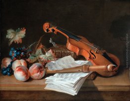 Natura morta con un violino, un registratore, libri, un portafog Natura morta con un violino, un registratore, libri, un portafog