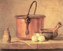 Still Life di utensili da cucina, Calderone, casseruola e uova Still Life di utensili da cucina, Calderone, casseruola e uova