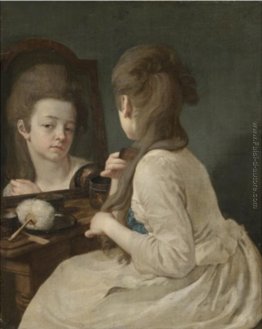 Giovane signora al suo gabinetto a pettinarsi i capelli Giovane signora al suo gabinetto a pettinarsi i capelli