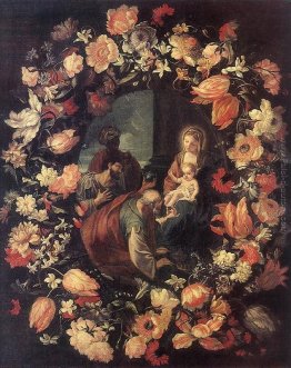 Adoración de los Magos en una de flores guirnalda Adoración de los Magos en una de flores guirnalda