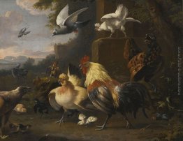 Un'Aquila, un Cockerell, galline, un piccione in volo e altri uc Un'Aquila, un Cockerell, galline, un piccione in volo e altri uc