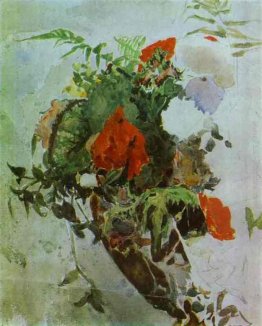 Fiori rossi e foglie di Begonia in un cestino Fiori rossi e foglie di Begonia in un cestino