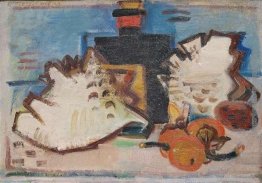 Davanzale vita con frutta, cozze e una bottiglia Davanzale vita con frutta, cozze e una bottiglia