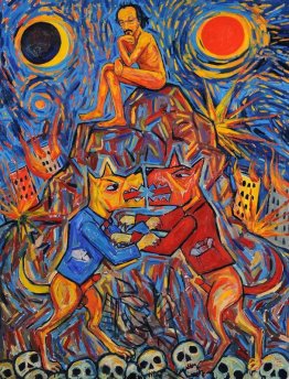 Seduto sulla montagna Watching cani da combattimento Seduto sulla montagna Watching cani da combattimento