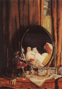 Riflessione intima nello specchio sul tavolo della toilette Riflessione intima nello specchio sul tavolo della toilette