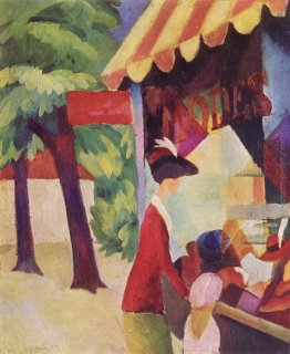 Di fronte al negozio di cappello (donna con giacca rossa e bambi Di fronte al negozio di cappello (donna con giacca rossa e bambi