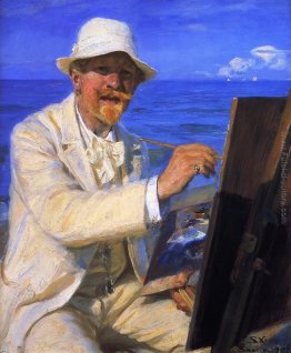 Self-Portrait, Sedere per il suo cavalletto in spiaggia di Skage Self-Portrait, Sedere per il suo cavalletto in spiaggia di Skage