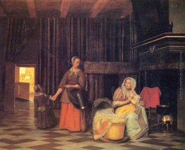 Donna con bambino, servendo cameriera con bambino Donna con bambino, servendo cameriera con bambino