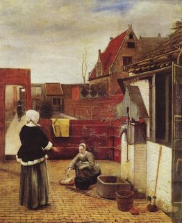 Una donna e una cameriera in un cortile Una donna e una cameriera in un cortile