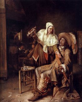 Scena della taverna con cameriera cercando di riempire il bicchi Scena della taverna con cameriera cercando di riempire il bicchi