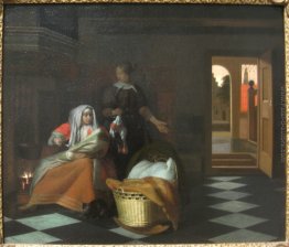 Donna con un bambino e una cameriera in un interno Donna con un bambino e una cameriera in un interno