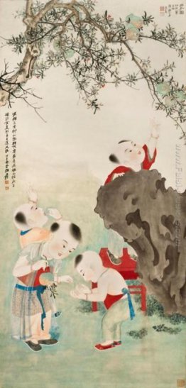 Bambini che giocano sotto un albero di melograno Bambini che giocano sotto un albero di melograno