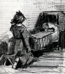 Ragazza inginocchiato davanti a una culla Ragazza inginocchiato davanti a una culla