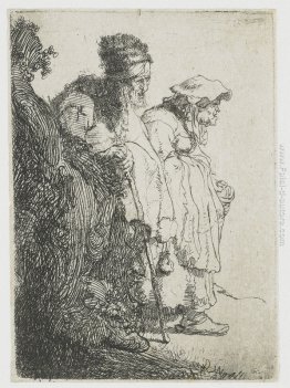 Uomo mendicante e donna dietro una banca Uomo mendicante e donna dietro una banca