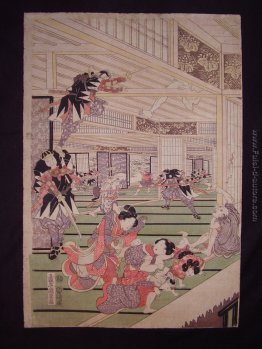 Attacco Ronin in casa di Lord Kira (pannello sinistro di un trit Attacco Ronin in casa di Lord Kira (pannello sinistro di un trit
