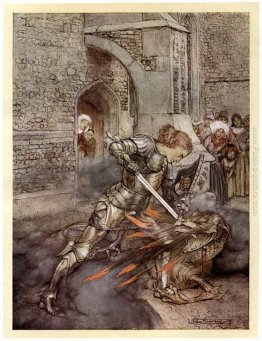 Lancelot combatte contro un drago presso il Castello di Corbin Lancelot combatte contro un drago presso il Castello di Corbin