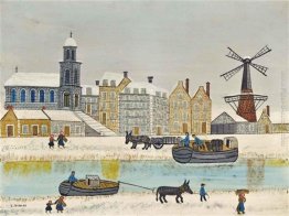 Ville au moulin près du canal en hiver Ville au moulin près du canal en hiver