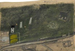 Paesaggio con campo, Camini e Strada tra blu e verde scuro Cotta Paesaggio con campo, Camini e Strada tra blu e verde scuro Cotta