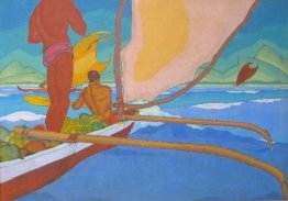 Uomini in un Outrigger Canoe diresse verso Shore Uomini in un Outrigger Canoe diresse verso Shore