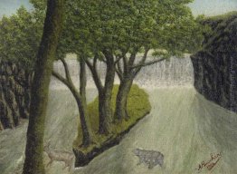 Animali che attraversano un fiume in piena con una cascata dista Animali che attraversano un fiume in piena con una cascata dista