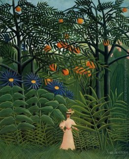 Donna che cammina in una foresta esotica Donna che cammina in una foresta esotica