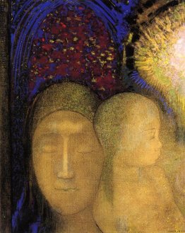 Donna e bambino contro uno sfondo Stained Glass