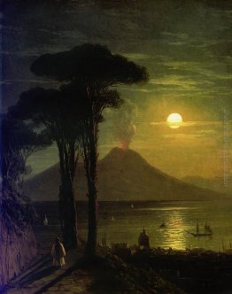 Il golfo di Napoli di notte illuminata dalla luna. Vesuvio