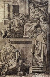 La Sacra Famiglia con i Santi. Antonio Abate, Caterina e il Bamb