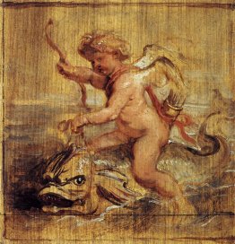 Cupido che cavalca un delfino