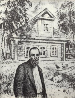 SP Podyachev nella sua capanna nel villaggio Obolyaninove