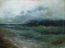 Navi nel mare in tempesta. Alba