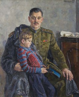 Ritratto di Sergei Vladimirovich Mikhalkov con il figlio