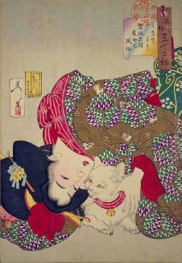 Una giovane donna di periodo Kansei giocare con il suo gatto