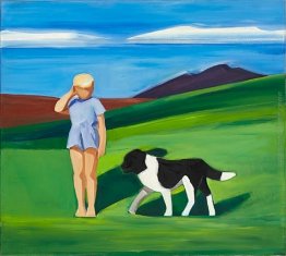 Ragazzo e cane nel paesaggio islandese